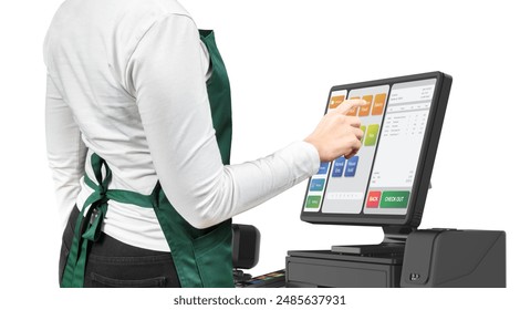 Touch screen point of sale system or cash register machine on desk with seller finger point isolated on white - Powered by Shutterstock