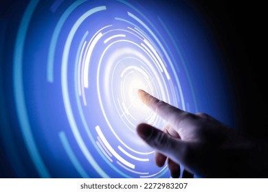 Touch technology in future. Digital network, metaverse or science tech innovation. Futuristic hologram screen. Finger in abstract virtual circle. Fingerprint reader, biometric scan. Data protection.