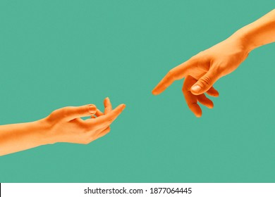 Touch of two hands isolated on light green background. Modern art collage. - Shutterstock ID 1877064445