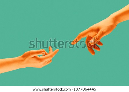 Touch of two hands isolated on light green background. Modern art collage.