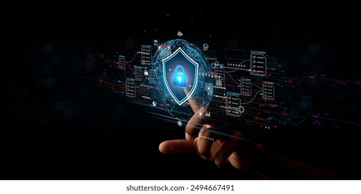 ็Hand touch with virtual screen. Online documentation database, IT consultant being set up Virtual Document Management System with a laptop, Software for archiving corporate files.