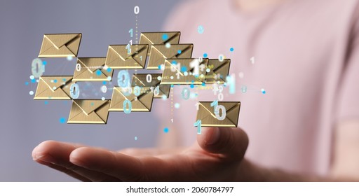touching 3D rendering flying email icon with his fin