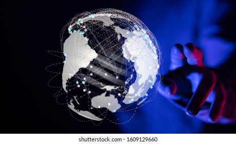touching global network and data exchanges over the world 3D rendering