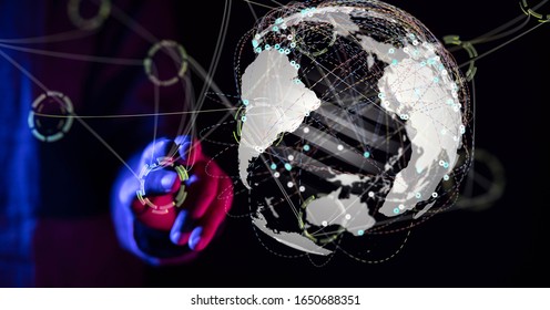 touching global network and data exchanges over the world 3D rendering