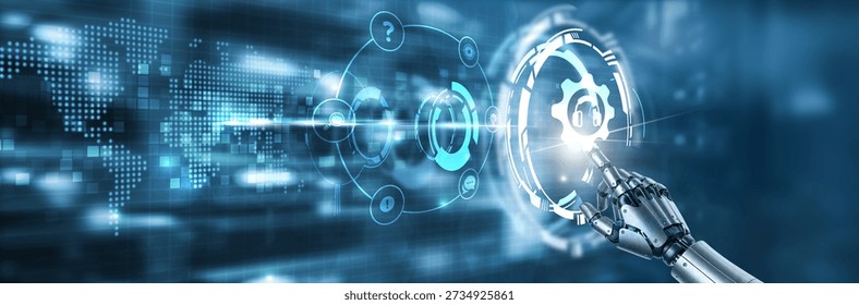 Touching the hand of robot technical support, troubleshooting, IT assistance, service desk, customer help and digital interface.