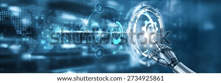 Touching the hand of robot technical support, troubleshooting, IT assistance, service desk, customer help and digital interface.