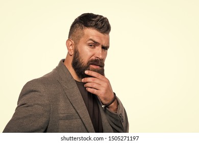 Touching His Perfect Beard. Hair And Beard Care. Bearded Man. Mature Hipster With Beard, Copy Space. Male Barber Care. Confident And Handsome Brutal Man. Man Shaving. Really Bad Shave.