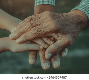 A touching image of three pairs of hands, representing different generations – grandfather, father, and son – intertwined in a gesture of familial love and support.Father's day concept. - Powered by Shutterstock