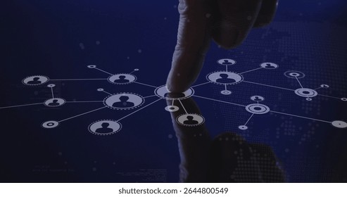 Touching man's index finger using touchscreen in digital interface, with silhouette icons and lines. Technology, connectivity, innovation, interface, cyber, futuristic, data