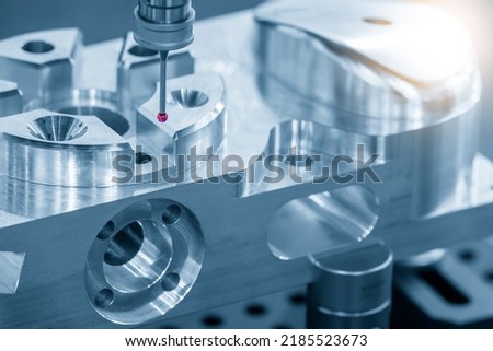 The  touching probe  measuring the sample CNC machine. The quality control of high precision parts with CMM machine.