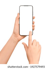 touching smartphone screen with copy space. female hands and smartphone isolated on white background - Shutterstock ID 1927579493
