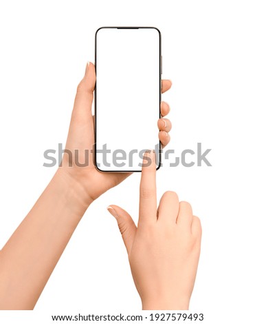 touching smartphone screen with copy space. female hands and smartphone isolated on white background
