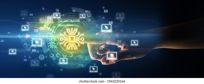 touching with soft gesture multimedia screen with future technology concept
