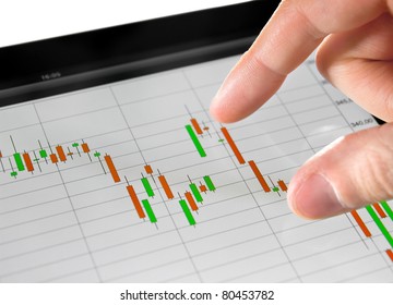 Touching stock market graph on a touch screen device. - Powered by Shutterstock - Get 15% off with code: PIKWIZARD15