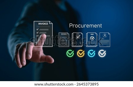 Touchless digital procurement workflow concept showing a hand selecting invoice documents with verification icons. Suitable for ERP software, B2B purchase management and paperless approval systems.