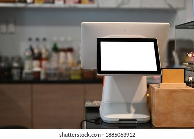 A Touchscreen Cashier Machine With Blank Screen At Modern Coffee Shop.