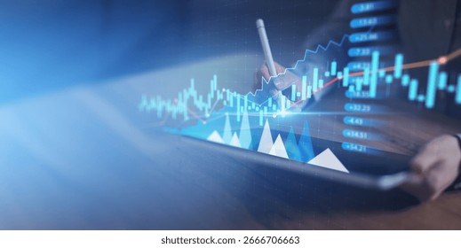 Touchscreen Financial Analytics and Interactive Stock Market Graph on Virtual Screen.