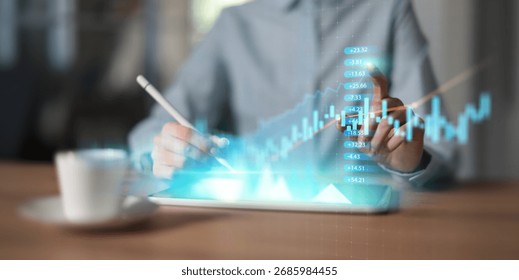 Touchscreen Financial Analytics and Interactive Stock Market Graph on Virtual Screen.