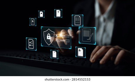 Touchscreen Interaction with Digital Security Icons and Documents in Background Representing Cybersecurity Protection Ambiance Quark.