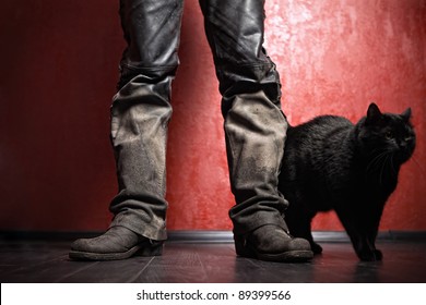 Tough Biker Legs In Dirty Leather Pants And His Black Cat.