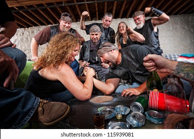 Tough Female Gang Member Winning Arm Wrestling Match