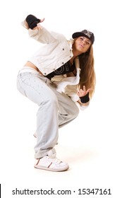 Tough Hip Hop Girl In Dance Pose. Isolated On White