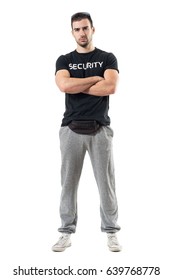 Tough Macho Bouncer Wearing Waist Bag With Crossed Arms Looking At Camera. Full Body Length Portrait Isolated On White Studio Background. 