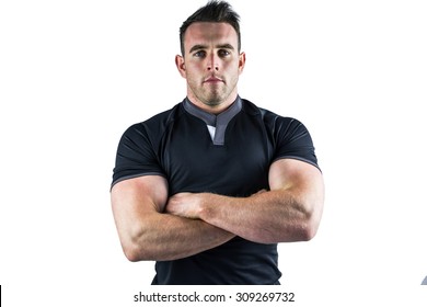 Tough rugby player looking at camera on white background - Powered by Shutterstock