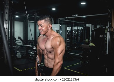 A Tough, Rugged Asian Male At The Gym, Doing Cable Rope Pushdowns. Tricep Arm Training Workout. Hardcore Dedication.