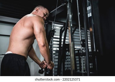 A Tough, Rugged Asian Male At The Gym, Doing Cable Rope Pushdowns. Tricep Arm Training Workout. Hardcore Dedication.