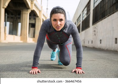 Tough Woman Exercising By Pushup Crossfit Outdoor City Urban Fitness