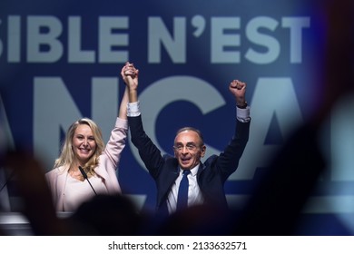 Toulon, France - 06 March 2022: Eric Zemmour And Marion Marechal Le Pen On The Stage At The Zenith Of Toulon For A Political Meeting