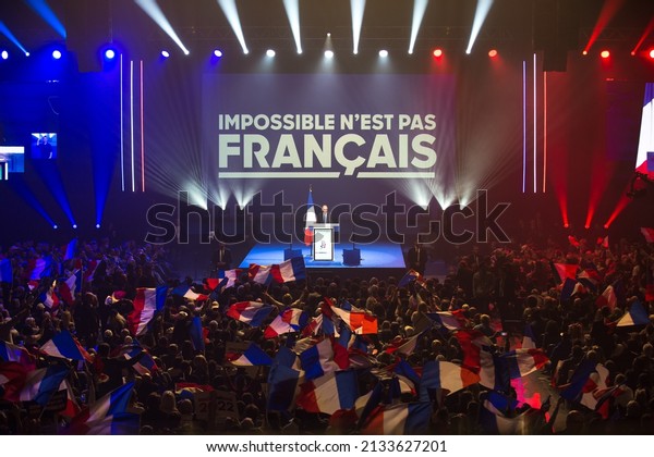 Toulon, France - 06\
march 2022: Large view of Eric Zemmour running for french president\
 seen during his speech on the stage at the Zenith of Toulon for a\
political meeting
