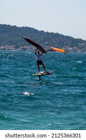 Toulon, France, 11 July, 2021. Extreem water sports - wing foil, kite surfing, wind surfindg, windy day on Almanarre beach near Toulon, South of France