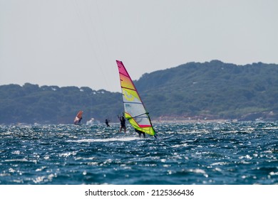 Toulon, France, 11 July, 2021. Extreem water sports - wing foil, kite surfing, wind surfindg, windy day on Almanarre beach near Toulon, South of France