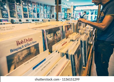 TOULOUSE, FRANCE - July 2018: Old Vintage Vinyl Shop In Toulouse, France. Collection Of LP Vinyl Records For Sale In Music Shop In Toulouse