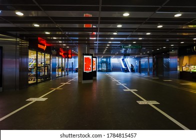 Toulouse, France - July 2020 - Main Hall In Early Morning Of The Underground Station Of Jean Jaurès, Featuring Advertising Screens, A Monop' Supermarket And Other Shops, With A Modern Ceiling Lighting