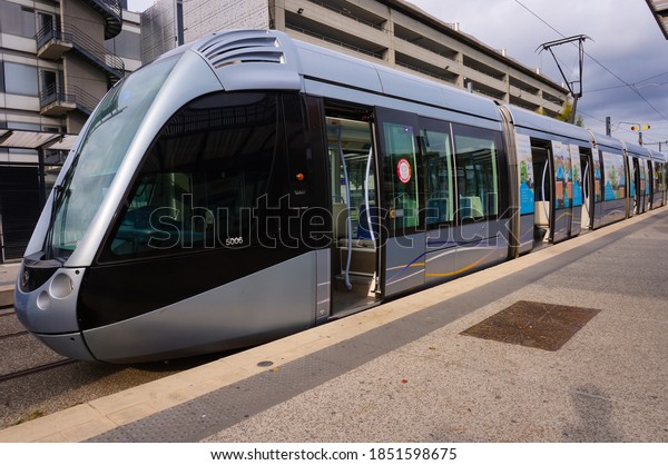 Toulouse,\
France - Oct. 2020 - Front of the French-made Citadis 302 tramway,\
made by Alstom and designed by the aircraft manufacturer Airbus, at\
the end of the line T2, in front of the\
airport