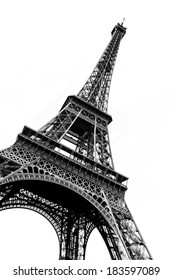 Tour Eiffel in black and white silhouetted against a plain white background.