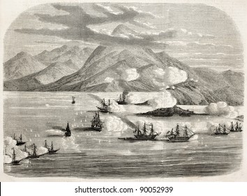 Tourane bay (today Da Nang) bombing by French fleet, China. Created by Lebreton, published on L'Illustration, Journal Universel, Paris, 1858