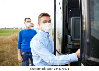 Tourism And Health Concept Concept - Group Of Male Passengers Boarding Travel Bus Wearing Face Protective Medical Mask For Protection From Virus Disease