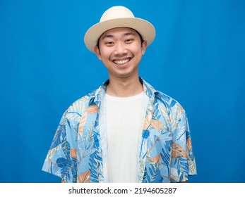 Tourism Man Wear Hat Gentle Smile Isolated Blue Background