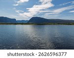 Tourist attractions on the west coast of Newfoundland. Gros Morne National Park of Canada, ancient landscape is a UNESCO World Heritage Site. Western Brook Pond, a fjord formed by glacial erosion. 