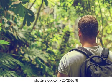 Tourist With Backpack In The Jungle. Vintage Effect. Space For Your Text.