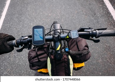 tourist bike steering wheel with backpacks and map in iceland navigator number one highway in summer - Shutterstock ID 1707448066