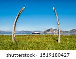 Tourist boat anchored in front of Ittygran Island, Chukotka, Russia