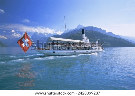Tourist boat crossing the lake, lake geneva (lac leman), switzerland, europe