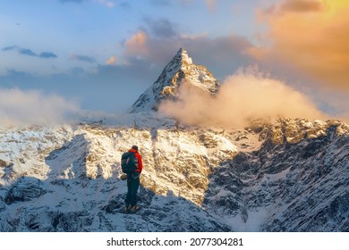 Tourist climber on Himalayan trek in mount Kailash at Kaza Himachal Pradesh, India