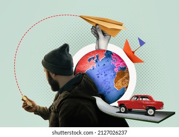 Tourist With Compass And Travel By Different Modes Of Transport, Art Collage.