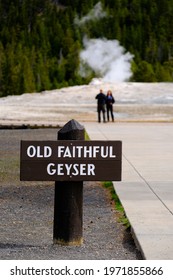 Tourist Couple Watching And Viewing Old Faithful Geyser In Yellowstone National Park